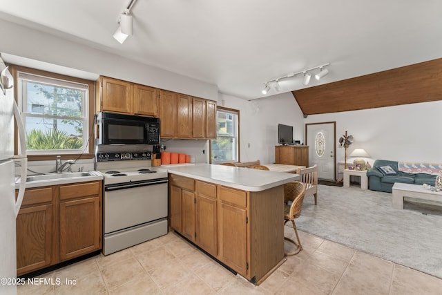 27 Flagler Dr, Palm Coast, FL 32137 - kitchen with white electric range, a sink, open floor plan, a peninsula, and black microwave