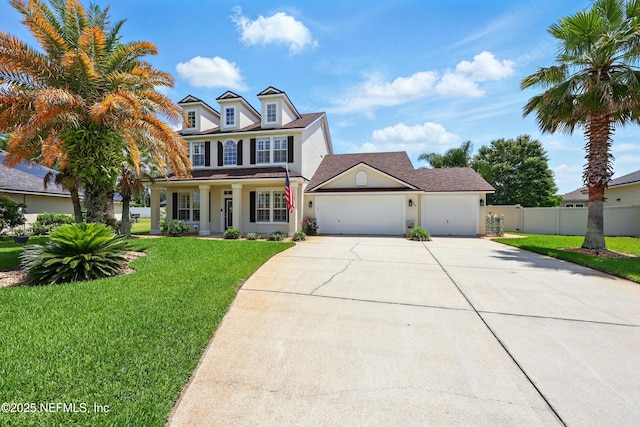view of front of property featuring a garage, concrete driveway, stucco siding, and a porch