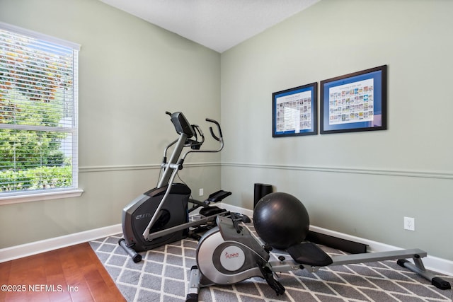 95150 Starling Ct, Fernandina Beach, FL 32034 - exercise room with baseboards, healthy amount of natural light, and wood finished floors