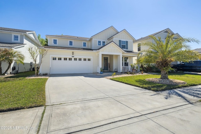 view of front of home with driveway, board and batten siding, a garage, a front lawn, and a porch