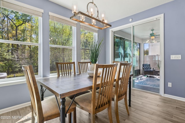 dining room with baseboards, wood finished floors, and a healthy amount of sunlight