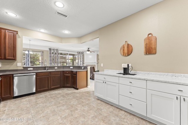 11066 Castlemain Cir, Jacksonville, FL 32256 - kitchen featuring stainless steel dishwasher, visible vents, a peninsula, recessed lighting, and a sink