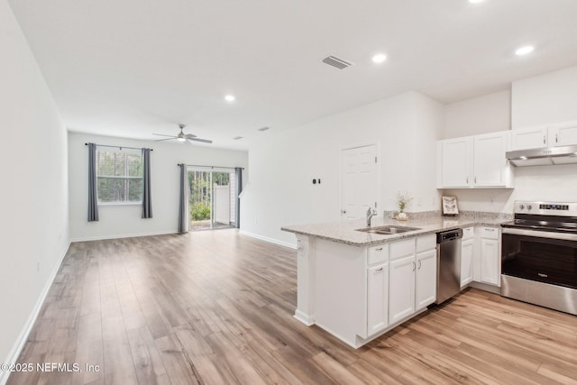 7686 Merchants Way, Jacksonville, FL 32222 - kitchen featuring a peninsula, appliances with stainless steel finishes, under cabinet range hood, white cabinetry, and a sink