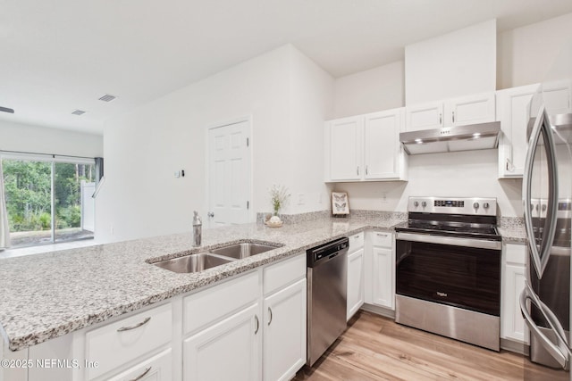 7686 Merchants Way, Jacksonville, FL 32222 - kitchen featuring under cabinet range hood, a sink, white cabinets, a peninsula, and appliances with stainless steel finishes