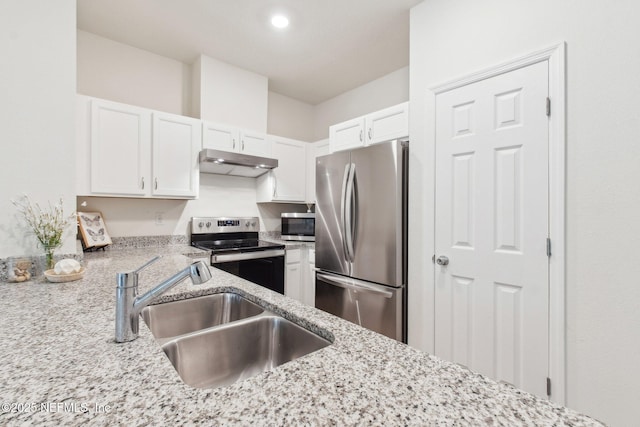 7686 Merchants Way, Jacksonville, FL 32222 - kitchen with under cabinet range hood, white cabinetry, a sink, and stainless steel appliances