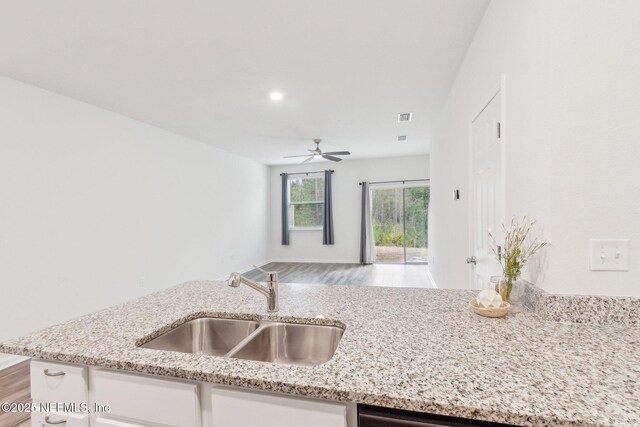 7686 Merchants Way, Jacksonville, FL 32222 - kitchen featuring white cabinetry, light stone countertops, a sink, and a ceiling fan