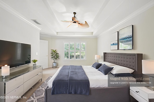 6376 Island Forest Dr Unit A, Fleming Island, FL 32003 - bedroom with a raised ceiling, carpet flooring, crown molding, and ceiling fan