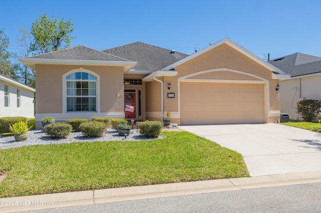 784 Crestwood Dr, Saint Augustine, FL 32086 - ranch-style home with roof with shingles, concrete driveway, stucco siding, an attached garage, and a front lawn