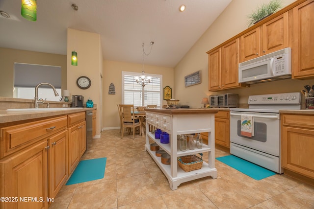 784 Crestwood Dr, Saint Augustine, FL 32086 - kitchen featuring white appliances, lofted ceiling, a sink, open shelves, and an inviting chandelier
