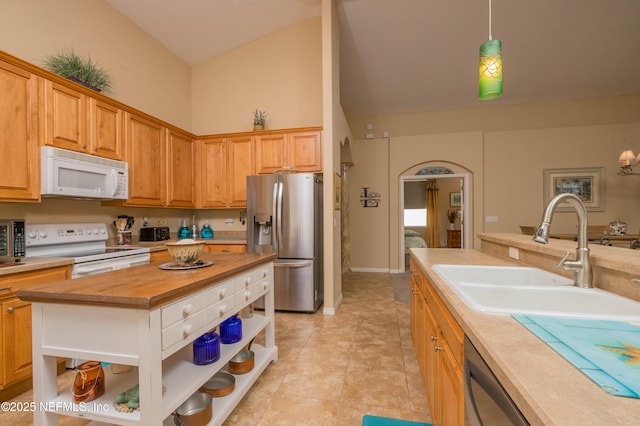 784 Crestwood Dr, Saint Augustine, FL 32086 - kitchen with light tile patterned flooring, a sink, open shelves, appliances with stainless steel finishes, and wood counters