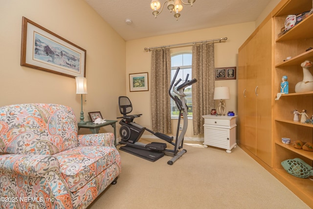 784 Crestwood Dr, Saint Augustine, FL 32086 - exercise room featuring a notable chandelier, carpet, vaulted ceiling, and a textured ceiling