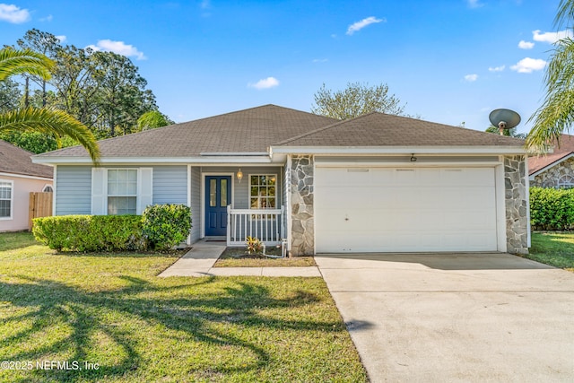 11326 Hendon Dr, Jacksonville, FL 32246 - ranch-style home with stone siding, an attached garage, a front lawn, and driveway