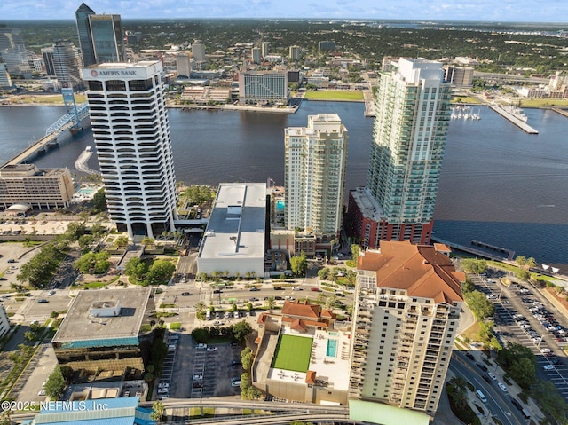 aerial view featuring a water view and a view of city