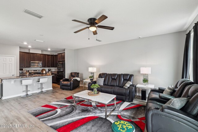 7802 Merchants Way, Jacksonville, FL 32222 - living room featuring a ceiling fan, light wood-type flooring, baseboards, visible vents, and recessed lighting