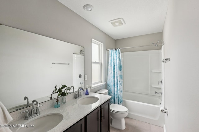 7802 Merchants Way, Jacksonville, FL 32222 - bathroom featuring double vanity, toilet, a sink, and shower / bathtub combination with curtain