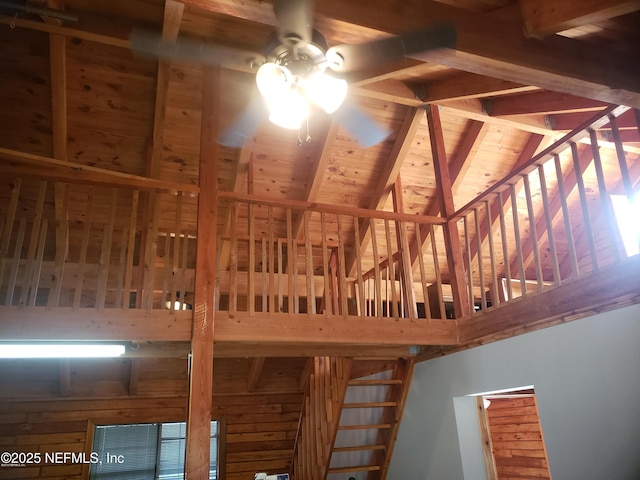 interior details featuring wooden ceiling, ceiling fan, and beamed ceiling