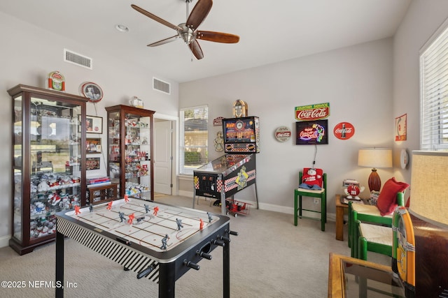 1193 Queens Harbor Blvd, Jacksonville, FL 32225 - recreation room with carpet flooring, a ceiling fan, baseboards, and visible vents