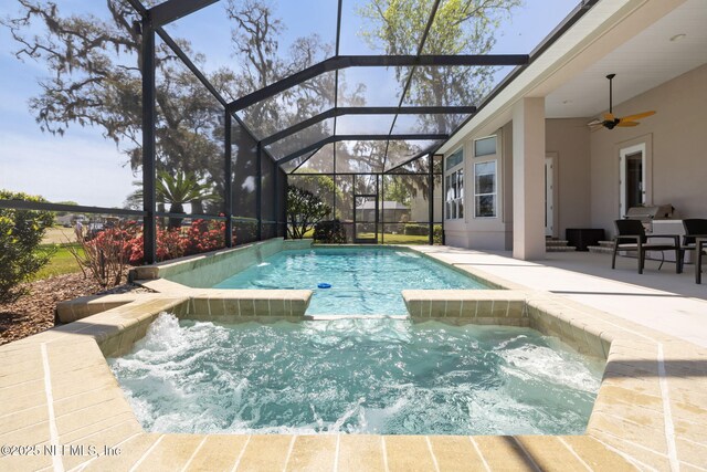 1193 Queens Harbor Blvd, Jacksonville, FL 32225 - pool with glass enclosure, a ceiling fan, an in ground hot tub, and a patio area