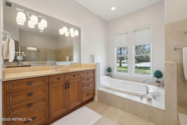 1193 Queens Harbor Blvd, Jacksonville, FL 32225 - full bath with a walk in shower, vanity, tile patterned flooring, a bath, and visible vents