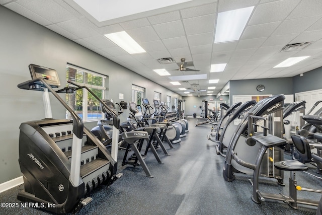 1193 Queens Harbor Blvd, Jacksonville, FL 32225 - workout area featuring baseboards, visible vents, a paneled ceiling, and a ceiling fan