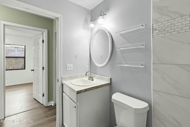 7552 Pottsburg Landing Dr, Jacksonville, FL 32216 - bathroom with vanity, toilet, baseboards, a textured ceiling, and wood finished floors