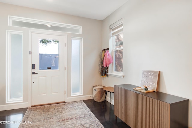 entryway featuring plenty of natural light, radiator, baseboards, and dark wood finished floors