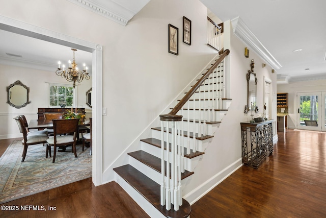6260 Highlands Ct, Ponte Vedra Beach, FL 32082 - stairway featuring ornamental molding, wood finished floors, a chandelier, and baseboards