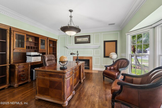 6260 Highlands Ct, Ponte Vedra Beach, FL 32082 - office space featuring crown molding, dark wood-type flooring, a fireplace with flush hearth, and a decorative wall