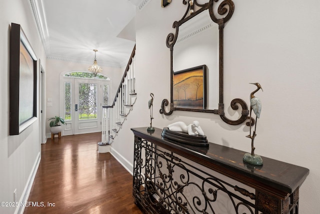 6260 Highlands Ct, Ponte Vedra Beach, FL 32082 - hallway featuring wood finished floors, ornamental molding, a chandelier, baseboards, and stairway