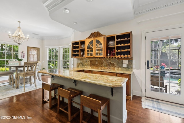 6260 Highlands Ct, Ponte Vedra Beach, FL 32082 - indoor dry bar with dark wood-style flooring, backsplash, plenty of natural light, a chandelier, and crown molding