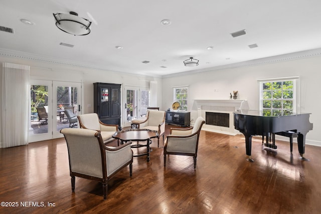 6260 Highlands Ct, Ponte Vedra Beach, FL 32082 - living area featuring wood finished floors, crown molding, french doors, and a high end fireplace