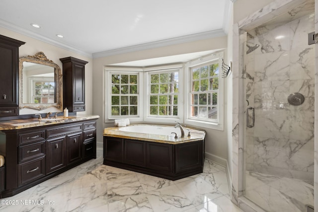 6260 Highlands Ct, Ponte Vedra Beach, FL 32082 - bathroom featuring ornamental molding, a marble finish shower, a bath, marble tiled floors, and vanity