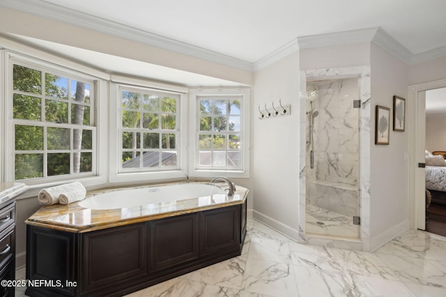 6260 Highlands Ct, Ponte Vedra Beach, FL 32082 - ensuite bathroom with baseboards, marble look tile flooring, a garden tub, a marble finish shower, and crown molding