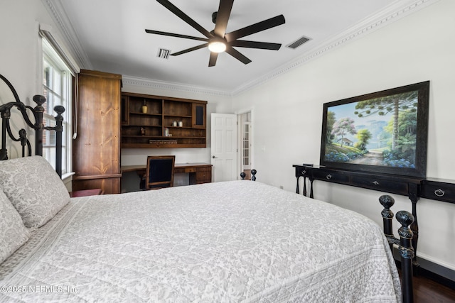 6260 Highlands Ct, Ponte Vedra Beach, FL 32082 - bedroom with ornamental molding, baseboards, wood finished floors, and ceiling fan