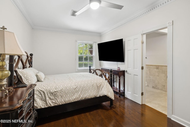 6260 Highlands Ct, Ponte Vedra Beach, FL 32082 - bedroom with crown molding, wood finished floors, ensuite bath, and ceiling fan