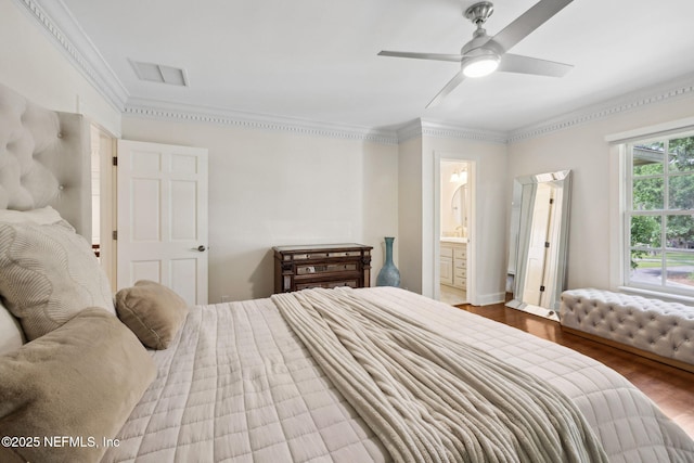 6260 Highlands Ct, Ponte Vedra Beach, FL 32082 - bedroom with wood finished floors, crown molding, ensuite bath, and a ceiling fan
