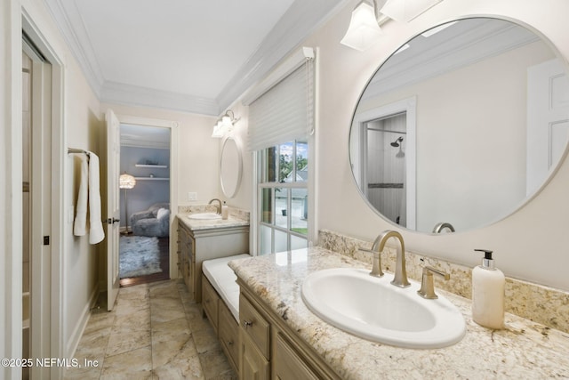 6260 Highlands Ct, Ponte Vedra Beach, FL 32082 - bathroom featuring crown molding, two vanities, a shower, and stone finish flooring