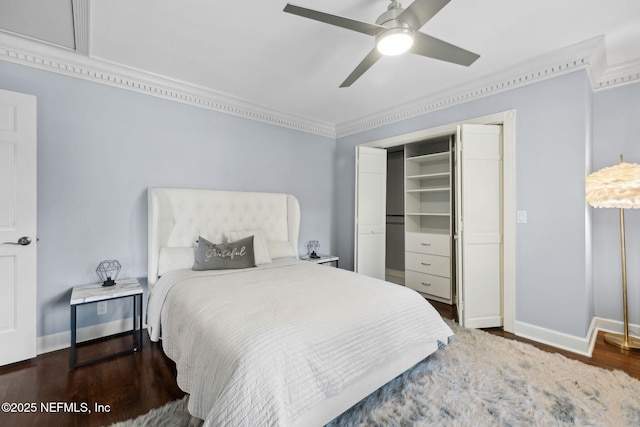 6260 Highlands Ct, Ponte Vedra Beach, FL 32082 - bedroom featuring wood finished floors, baseboards, a closet, ornamental molding, and a ceiling fan