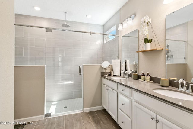 75586 Pondside Ln, Yulee, FL 32097 - full bathroom with double vanity, a sink, a stall shower, and wood finish floors