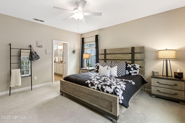 75586 Pondside Ln, Yulee, FL 32097 - bedroom featuring carpet flooring, visible vents, baseboards, ceiling fan, and connected bathroom