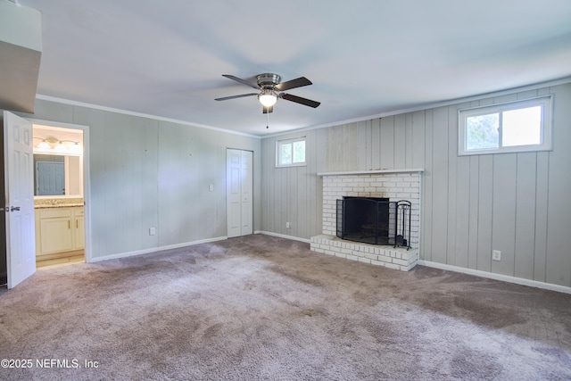 10568 Lake View Rd E, Jacksonville, FL 32225 - unfurnished living room featuring carpet, crown molding, and ceiling fan