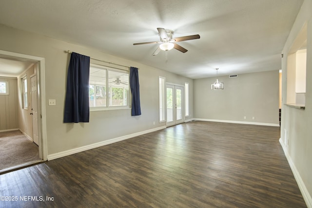 10568 Lake View Rd E, Jacksonville, FL 32225 - interior space with dark wood-style flooring, visible vents, baseboards, and ceiling fan