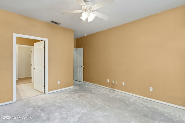 unfurnished bedroom with baseboards, ceiling fan, visible vents, and concrete flooring