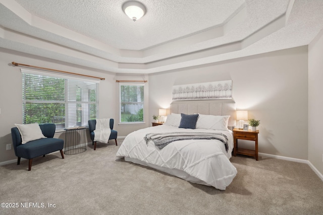 745 Austin Pl, Saint Johns, FL 32259 - bedroom featuring a textured ceiling, carpet floors, a tray ceiling, and baseboards