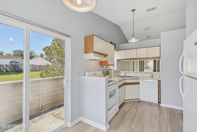 8314 Derbyshire Pl, Jacksonville, FL 32244 - kitchen featuring light countertops, a sink, under cabinet range hood, white appliances, and visible vents