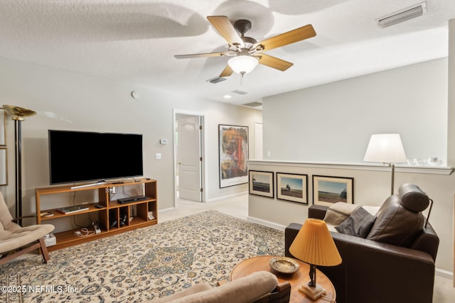 95062 Mackinas Cir, Fernandina Beach, FL 32034 - living room with a textured ceiling, baseboards, ceiling fan, and visible vents