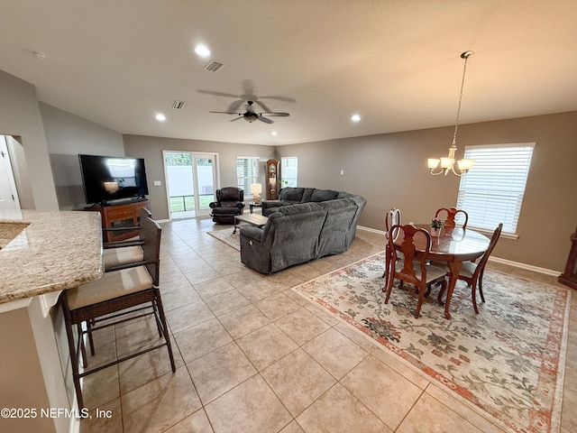 3118 Steeple Pine Ct, Middleburg, FL 32068 - dining area with recessed lighting, light tile patterned floors, a chandelier, ceiling fan, and baseboards