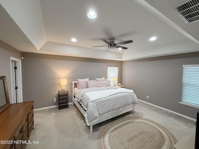 3118 Steeple Pine Ct, Middleburg, FL 32068 - bedroom with a raised ceiling, light carpet, baseboards, recessed lighting, and ceiling fan