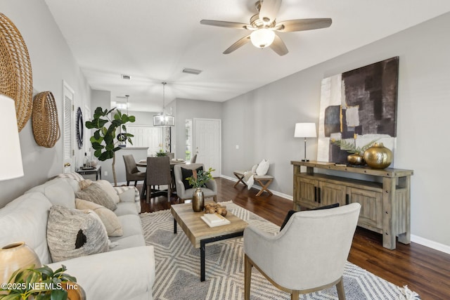 542 Southbranch Dr, Saint Johns, FL 32259 - living room with ceiling fan, visible vents, baseboards, and dark wood-type flooring