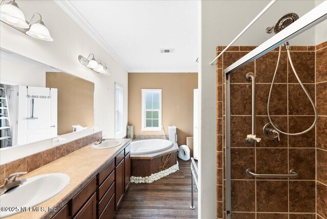 94245 Palm Cir W, Fernandina Beach, FL 32034 - full bathroom with visible vents, a sink, crown molding, and a shower stall